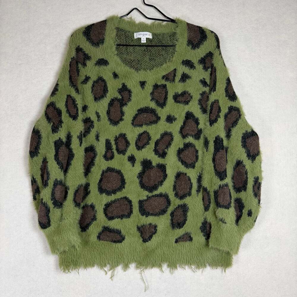 Umgee Sweater Womens Size 2XL Green Leopard Print Fuzzy V-Neck Pullover Sweater
